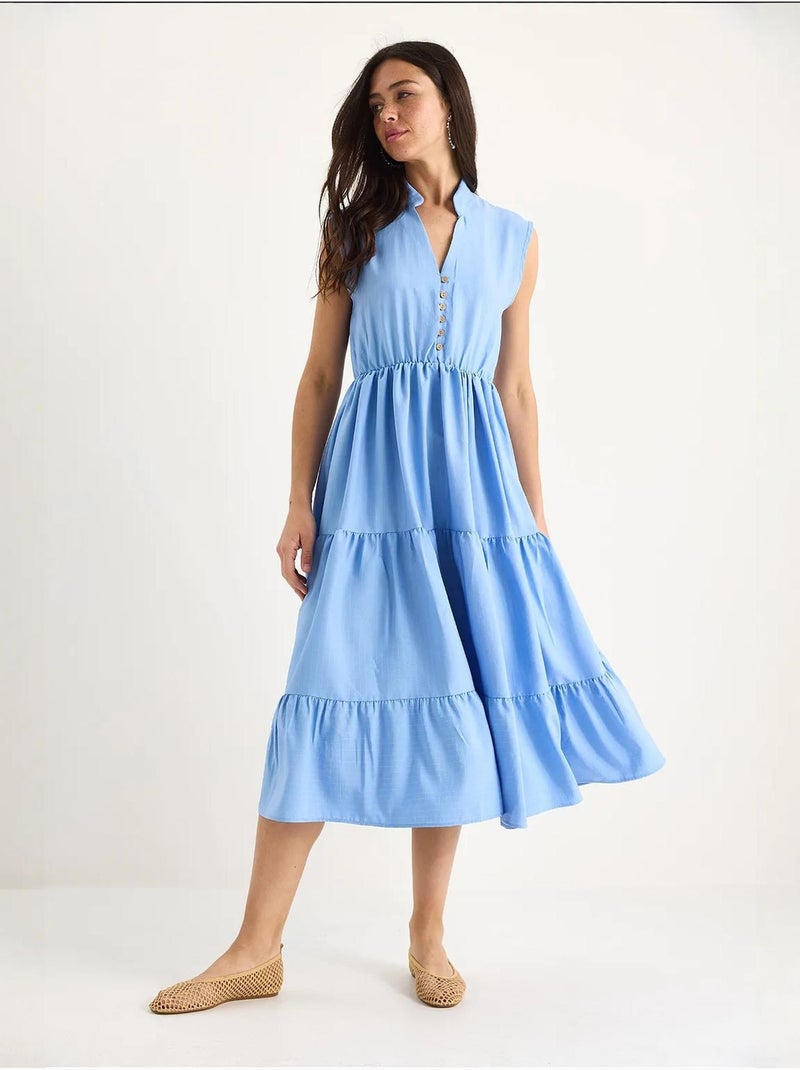 Robe d'été en modal à volants et col en v à rayures et taille élastique bianco lucci Bleu clair - Kiabi