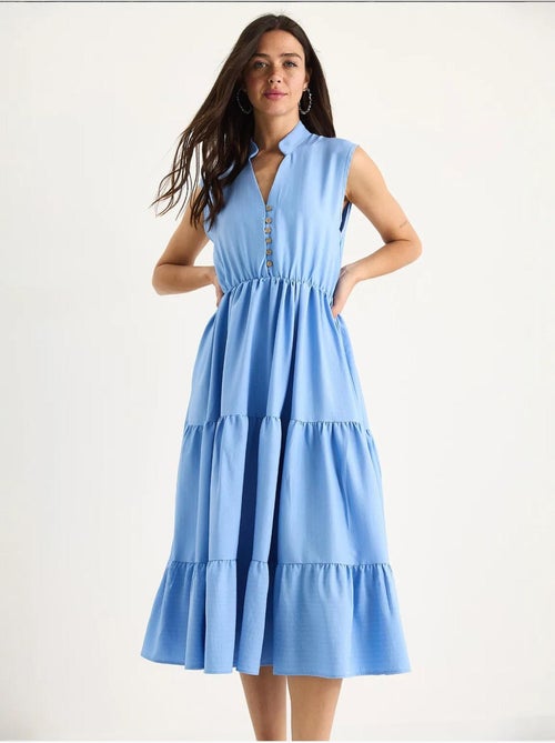 Robe d'été en modal à volants et col en v à rayures et taille élastique bianco lucci - Kiabi Robe d'été en modal à volants et col en v à rayures et taille élastique bianco lucci - Kiabi