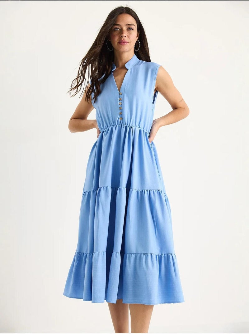 Robe d'été en modal à volants et col en v à rayures et taille élastique bianco lucci Bleu clair - Kiabi