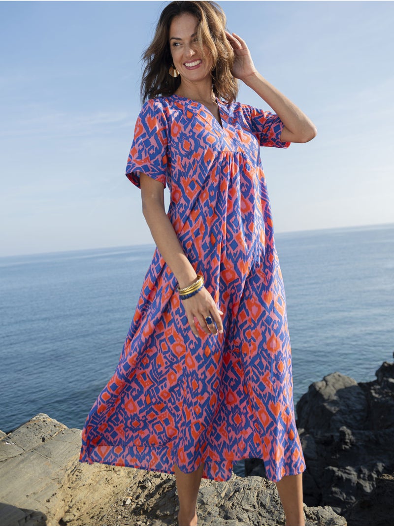 Robe d'été longue voile coton - DAXON Bleu Multicolore - Kiabi