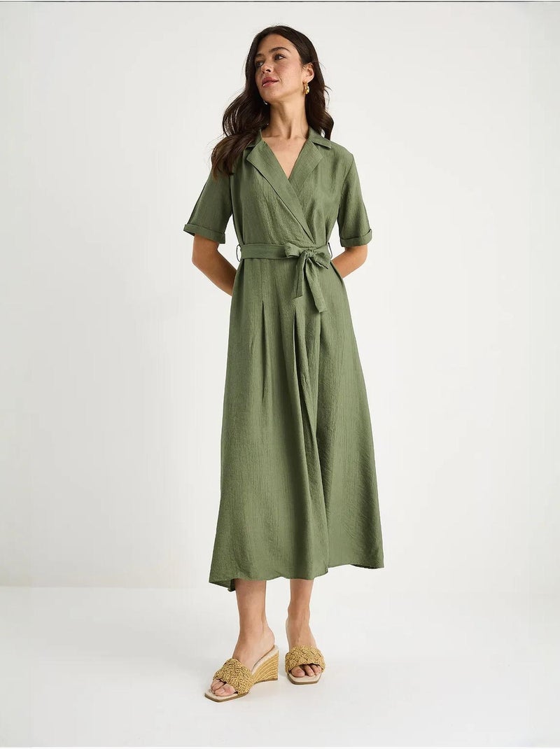 Robe d'été portefeuille à col en v et manches courtes avec ceinture bianco lucci Kaki - Kiabi