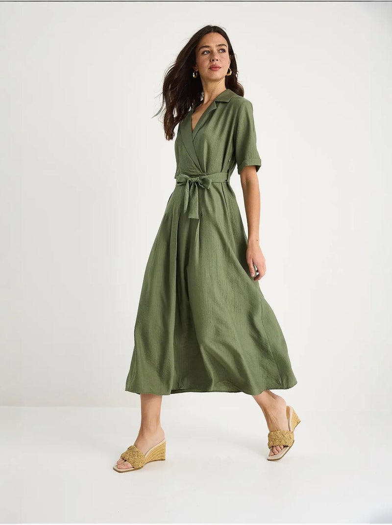 Robe d'été portefeuille à col en v et manches courtes avec ceinture bianco lucci Kaki - Kiabi