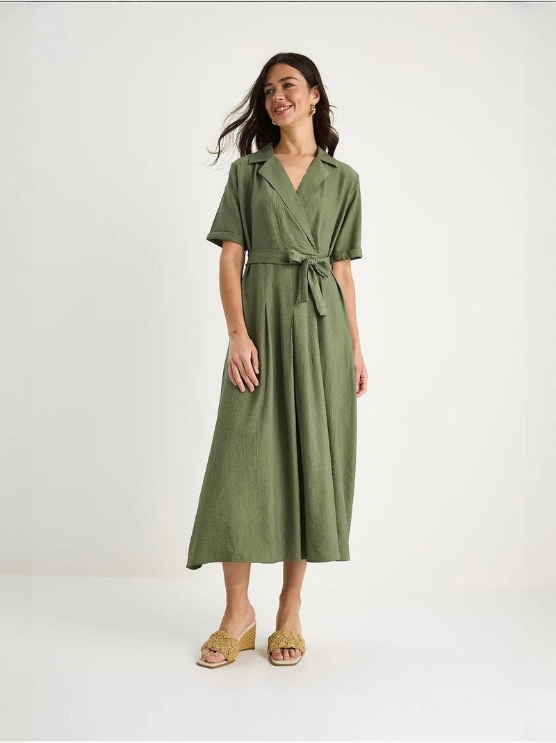 Robe d'été portefeuille à col en v et manches courtes avec ceinture bianco lucci Kaki - Kiabi