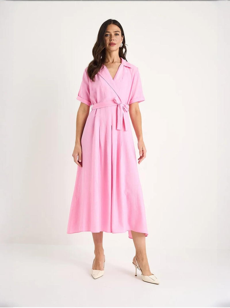 Robe d'été portefeuille à col en v et manches courtes avec ceinture bianco lucci Rose fluo/Solinotes - Kiabi