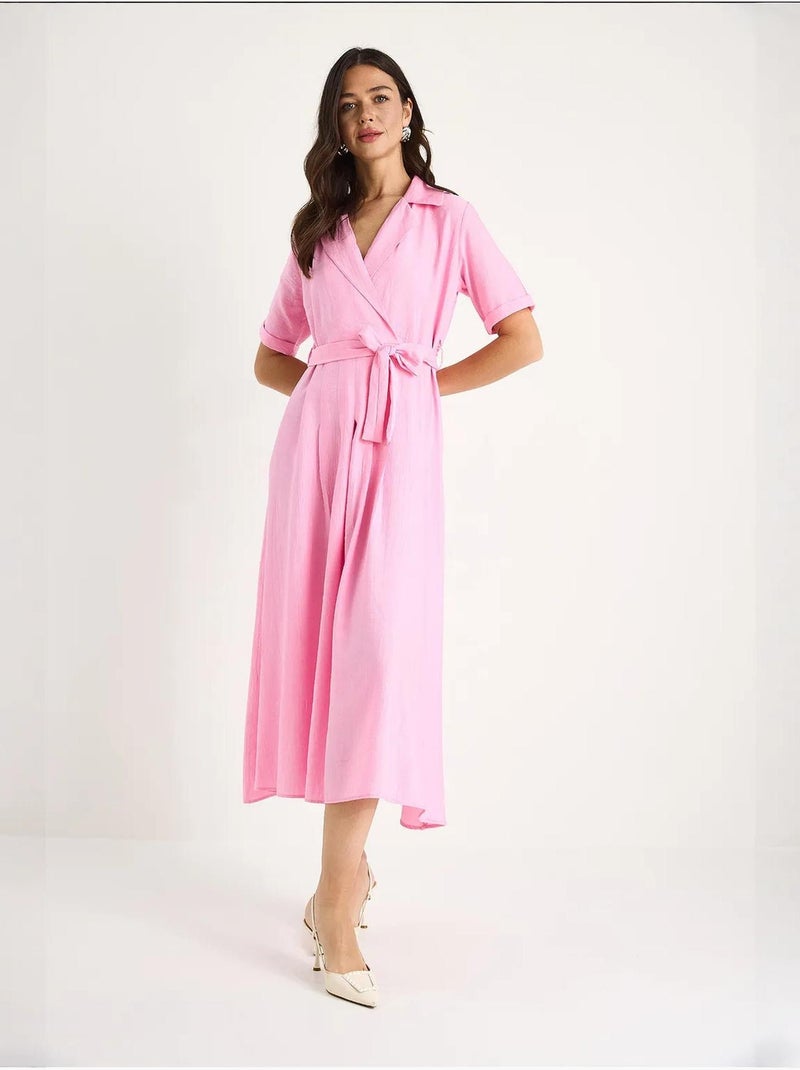 Robe d'été portefeuille à col en v et manches courtes avec ceinture bianco lucci Rose fluo/Solinotes - Kiabi