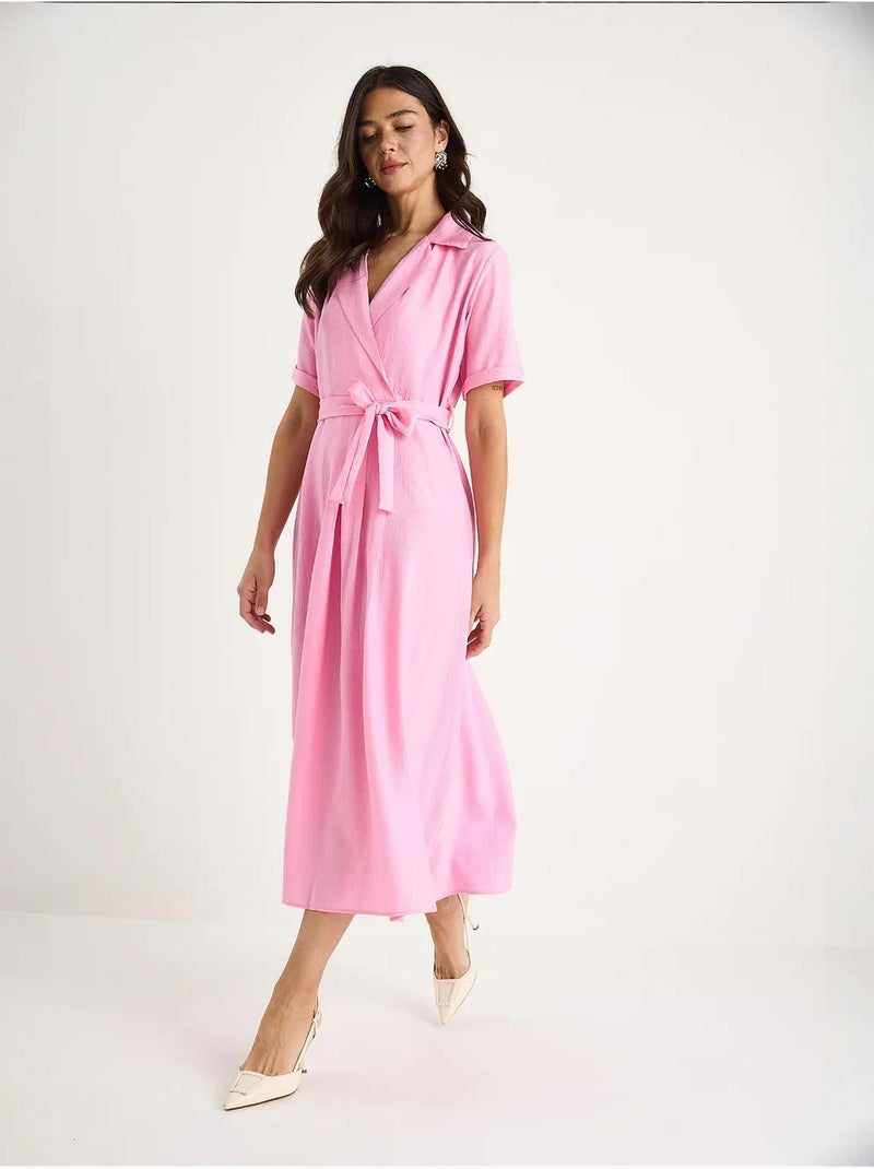 Robe d'été portefeuille à col en v et manches courtes avec ceinture bianco lucci Rose fluo/Solinotes - Kiabi