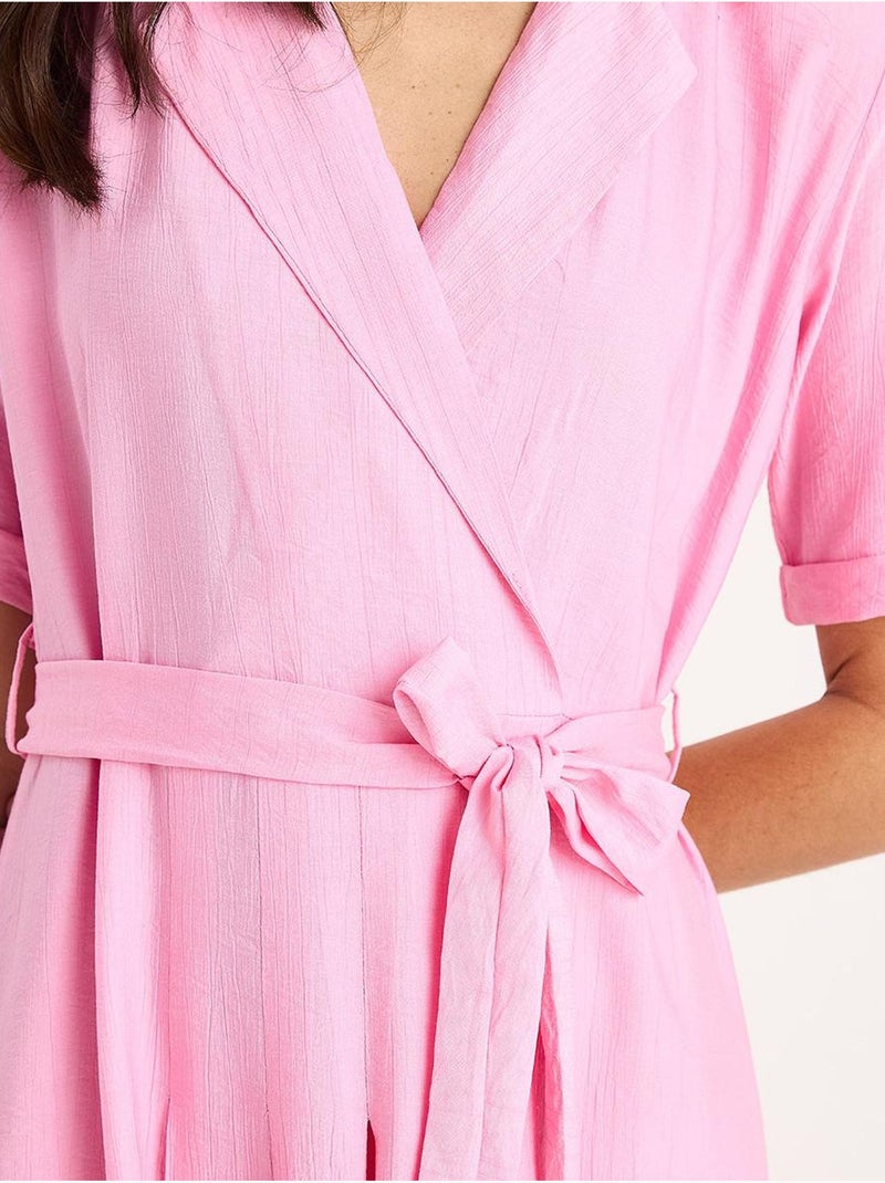 Robe d'été portefeuille à col en v et manches courtes avec ceinture bianco lucci Rose fluo/Solinotes - Kiabi