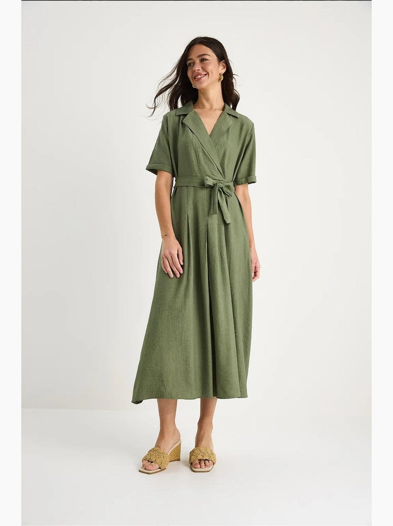 Robe d'été portefeuille à col en v et manches courtes avec ceinture lucci Kaki - Kiabi