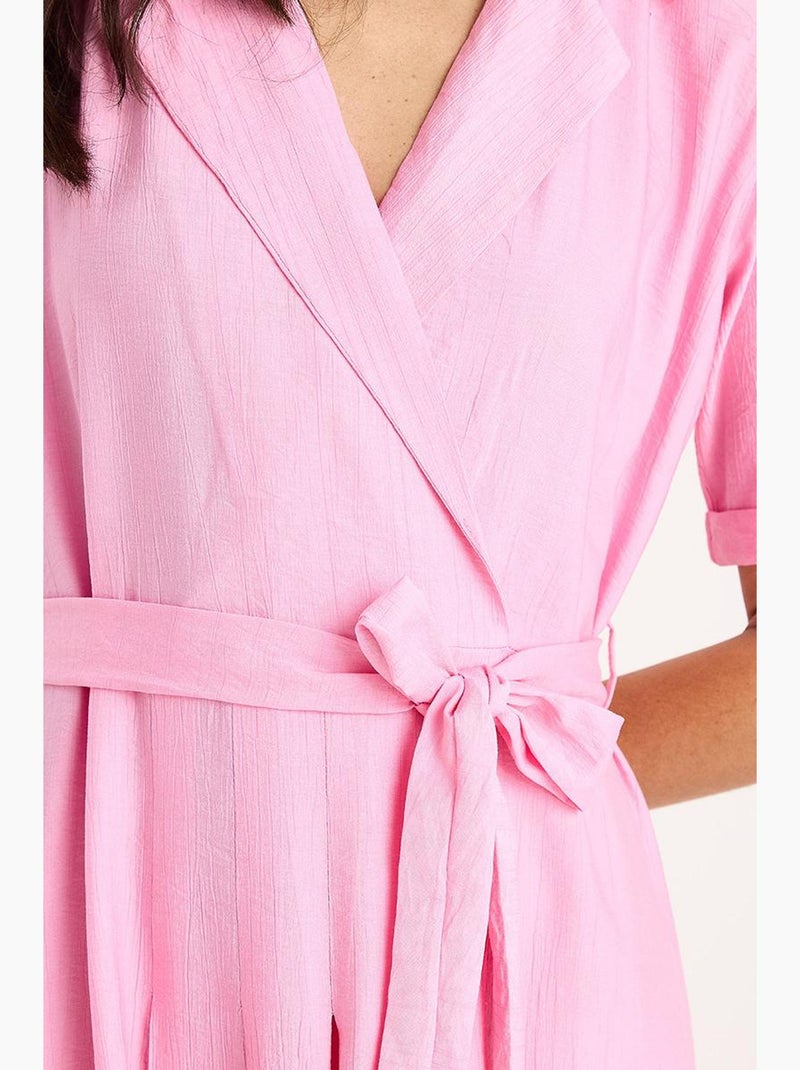 Robe d'été portefeuille à col en v et manches courtes avec ceinture lucci Rose fluo/Solinotes - Kiabi