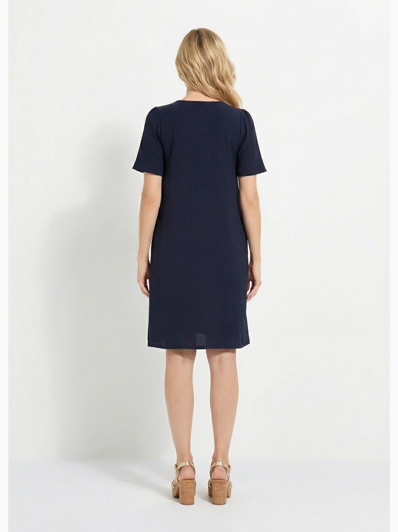 Robe droite courte col V festonné - Afibel Bleu marine - Kiabi