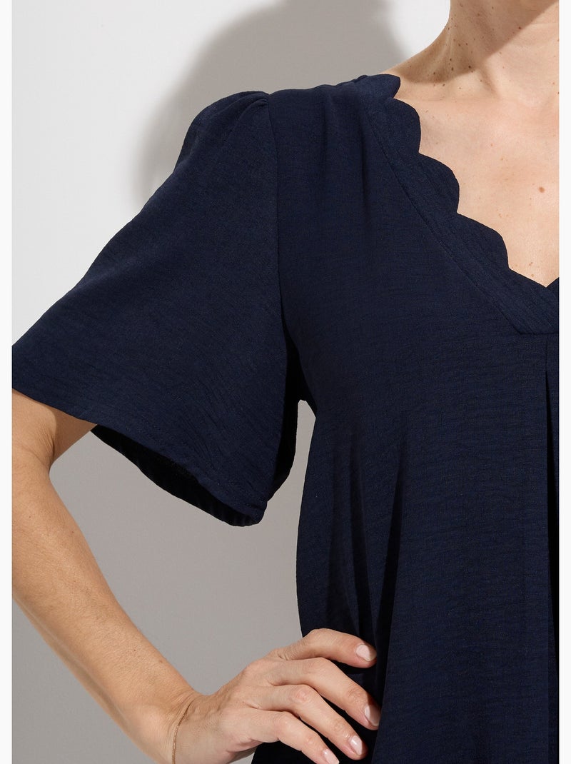 Robe droite courte col V festonné - Afibel Bleu marine - Kiabi