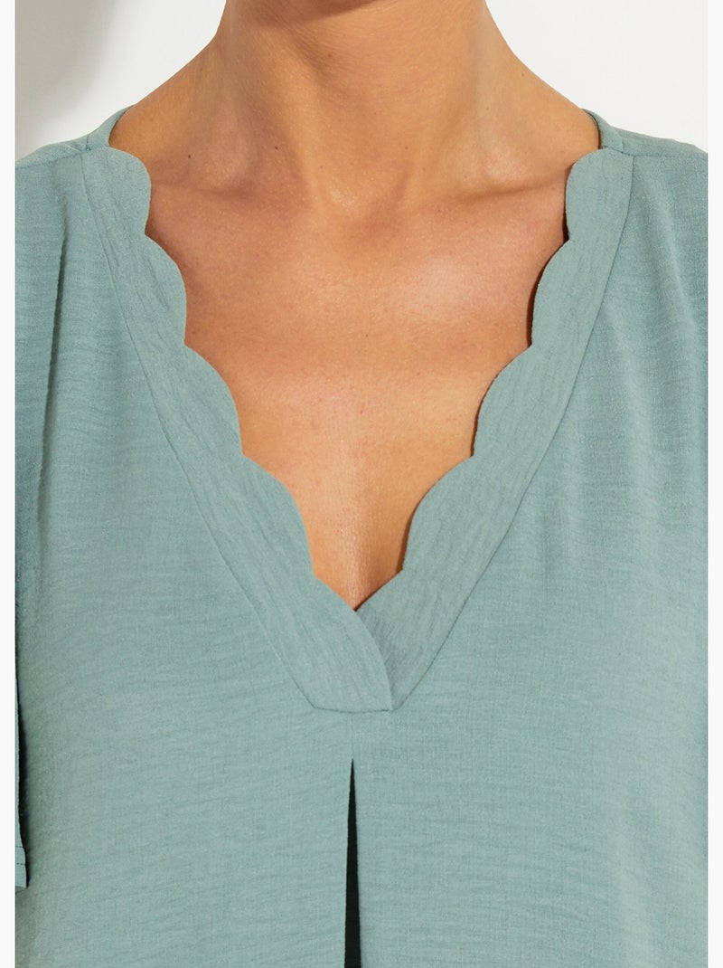 Robe droite courte col V festonné - Afibel Vert Sauge - Kiabi