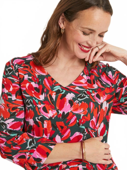 Robe droite courte fleurie manches 3/4 - Kiabi