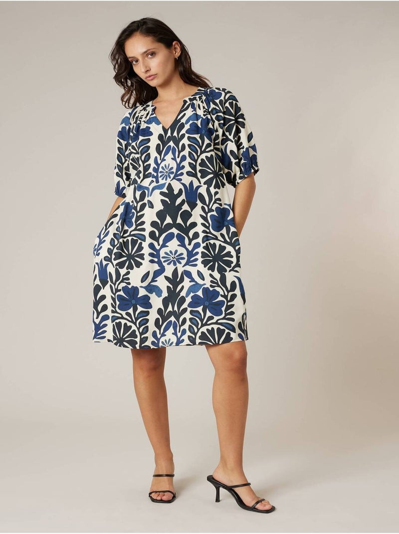 Robe droite femme fleurie 'Deeluxe' Bleu marine - Kiabi