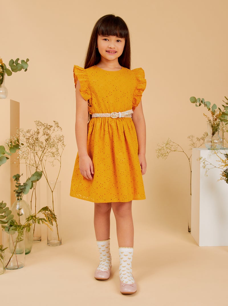 Robe en broderies anglaises Jaune moutarde - Kiabi