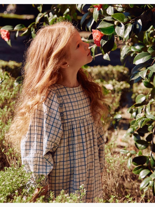 Robe en coton à carreaux et manches bouffantes - Kiabi