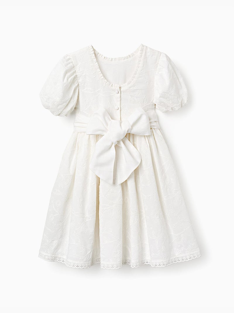 Robe en coton à manches ballon et ceinture Blanc - Kiabi