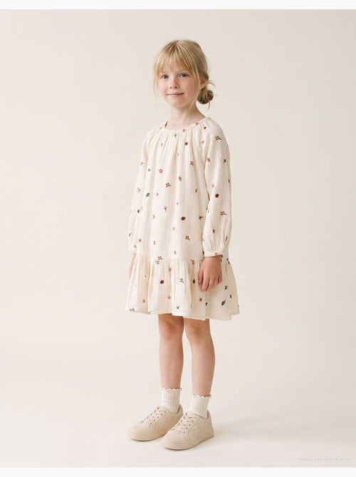Robe en coton à manches longues avec broderie florale - Kiabi