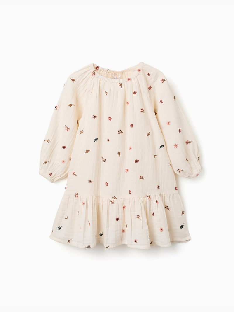 Robe en coton à manches longues avec broderie florale Blanc - Kiabi
