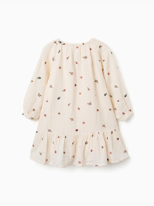 Robe en coton à manches longues avec broderie florale - Kiabi