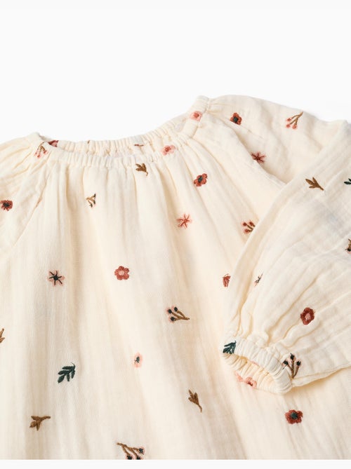 Robe en coton à manches longues avec broderie florale - Kiabi