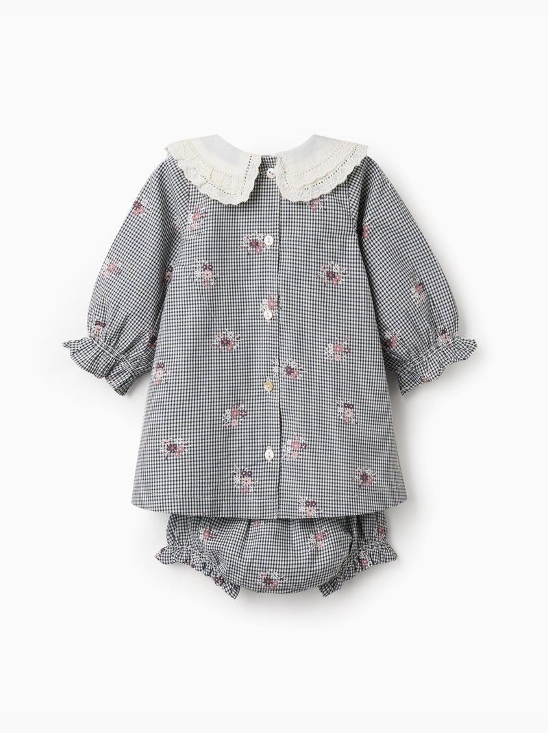 Robe en coton à motif vichy et imprimé floral Bleu foncé - Kiabi