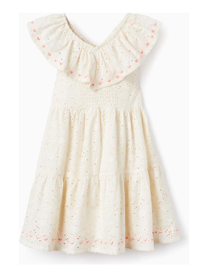 VERTBAUDET T-Shirt Fille Broderie Anglaise Manches à Volants Blanc 10A