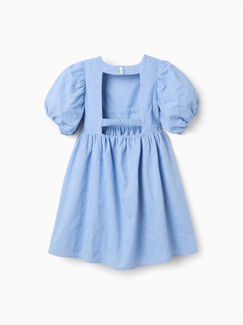 Robe en coton avec broderie et manches ballon Bleu clair - Kiabi