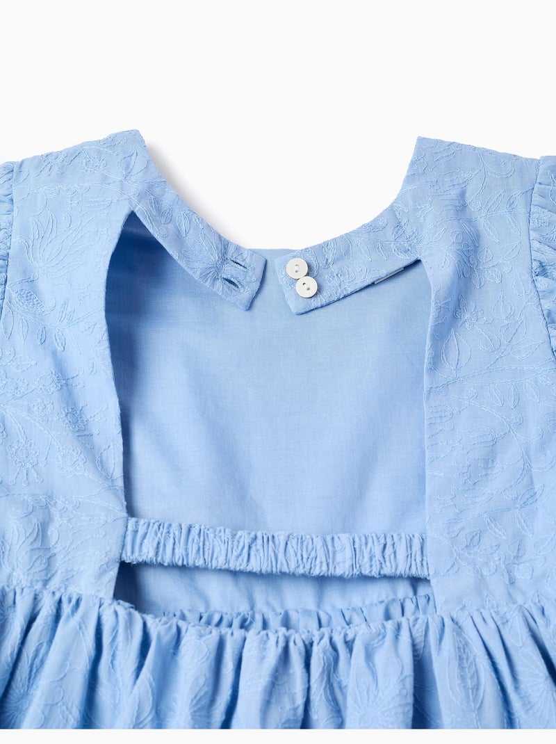 Robe en coton avec broderie et manches ballon Bleu clair - Kiabi