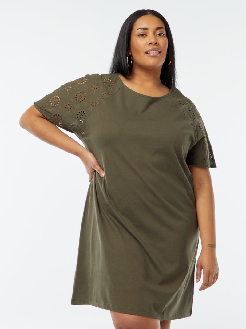 Robe en coton avec broderies Kaki - Kiabi