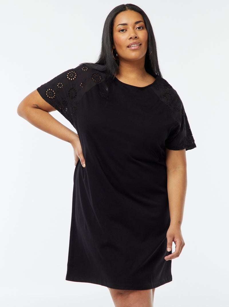 Robe en coton avec broderies noir - Kiabi