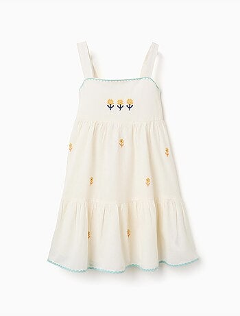 Robe en coton et lin avec fleurs brodées