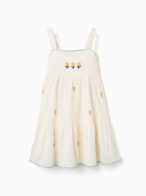 Robe en coton et lin avec fleurs brodées - Kiabi