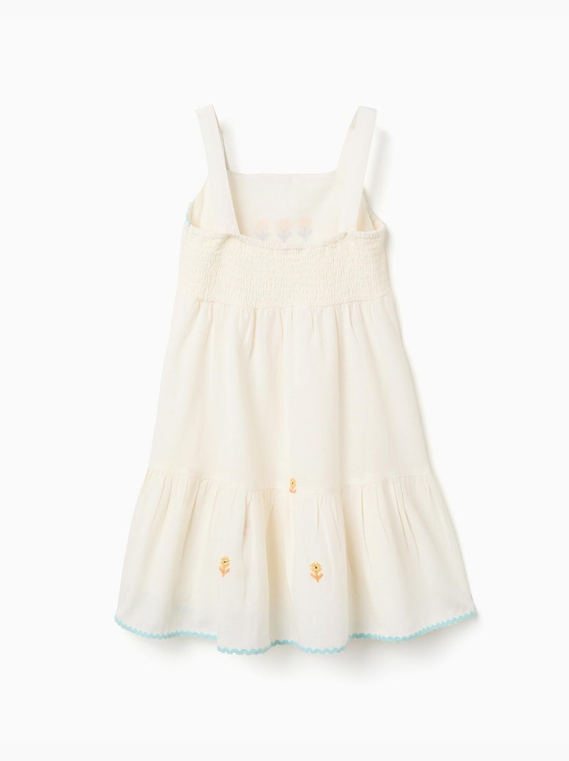 Robe en coton et lin avec fleurs brodées Beige clair - Kiabi