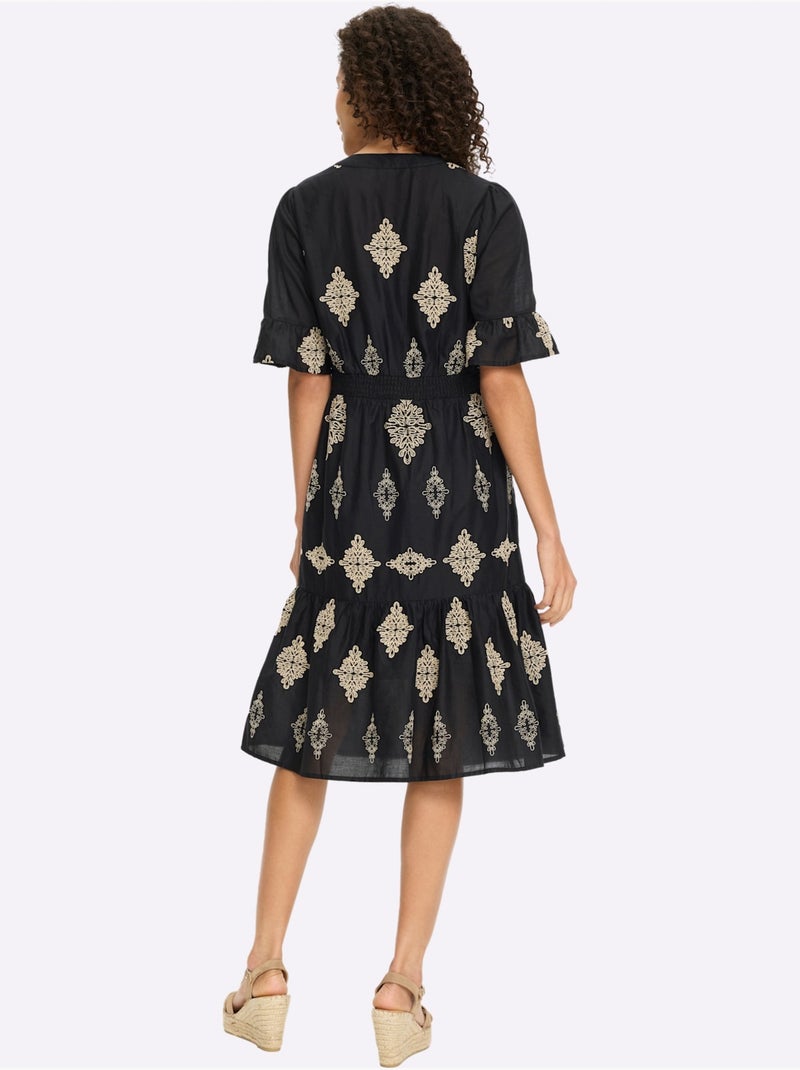 Robe En Coton Magnifique Broderie - Taille Standard - Helline Noir Beige - Kiabi