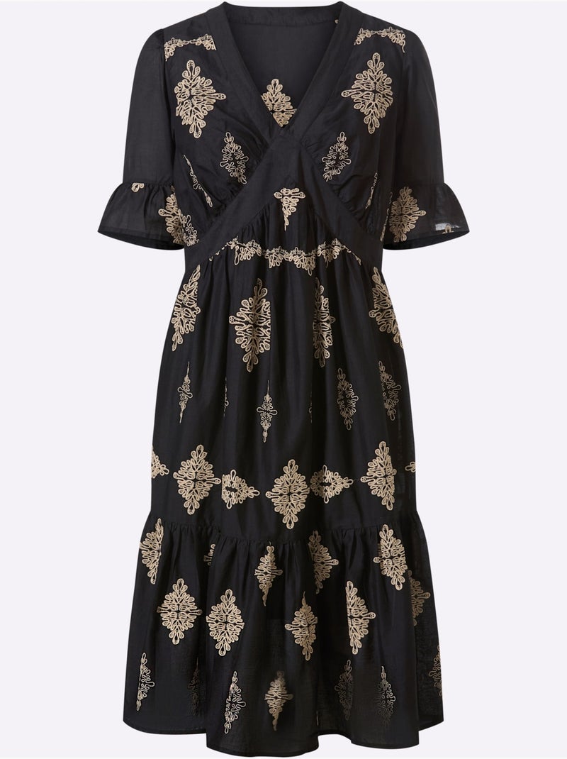 Robe En Coton Magnifique Broderie - Taille Standard - Helline Noir Beige - Kiabi