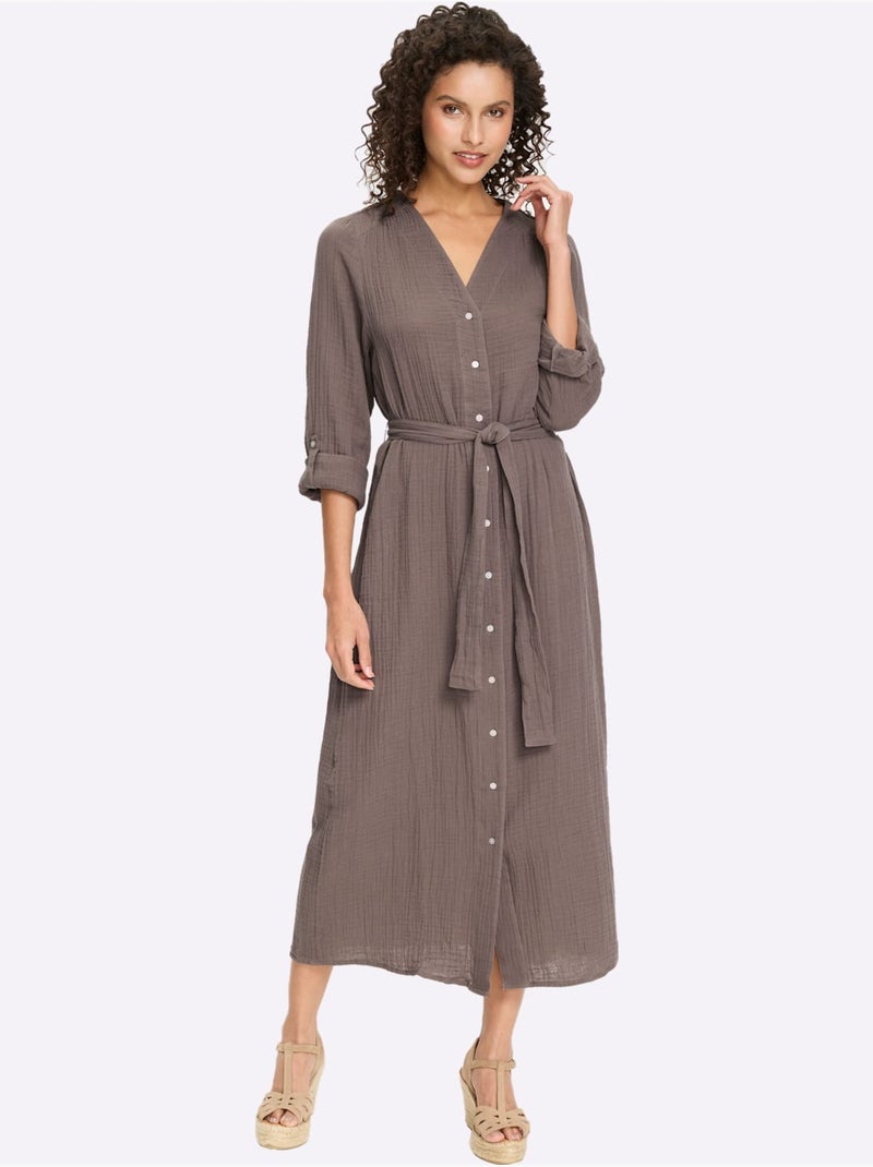 Robe En Coton Manches à Longueur Réglable Avec Bride - Taille Standard - Helline Gris taupe - Kiabi