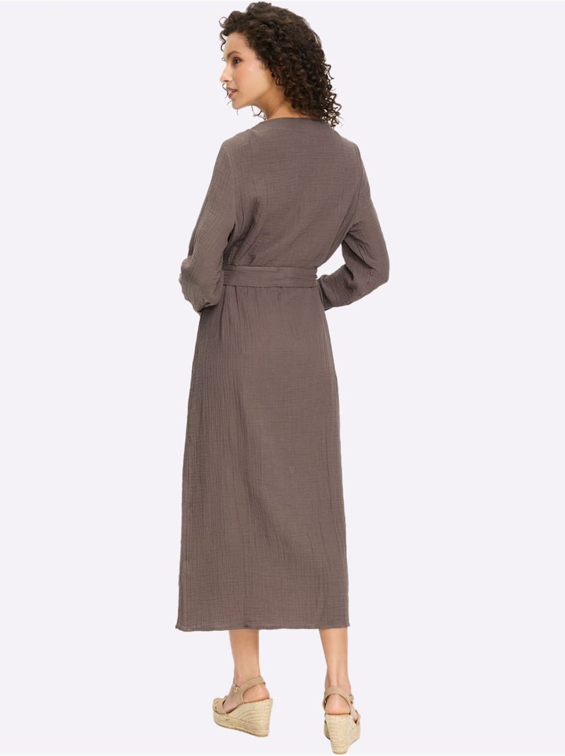 Robe En Coton Manches à Longueur Réglable Avec Bride - Taille Standard - Helline Gris taupe - Kiabi