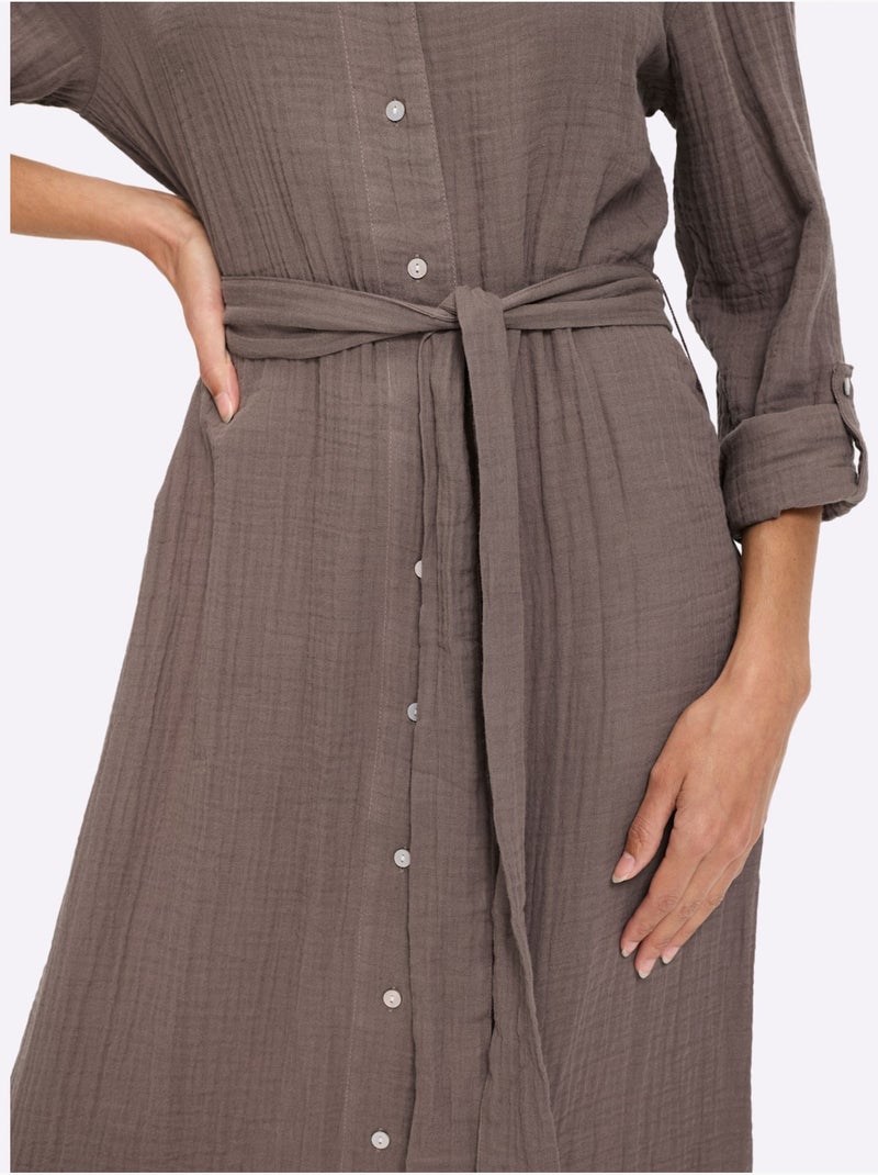 Robe En Coton Manches à Longueur Réglable Avec Bride - Taille Standard - Helline Gris taupe - Kiabi