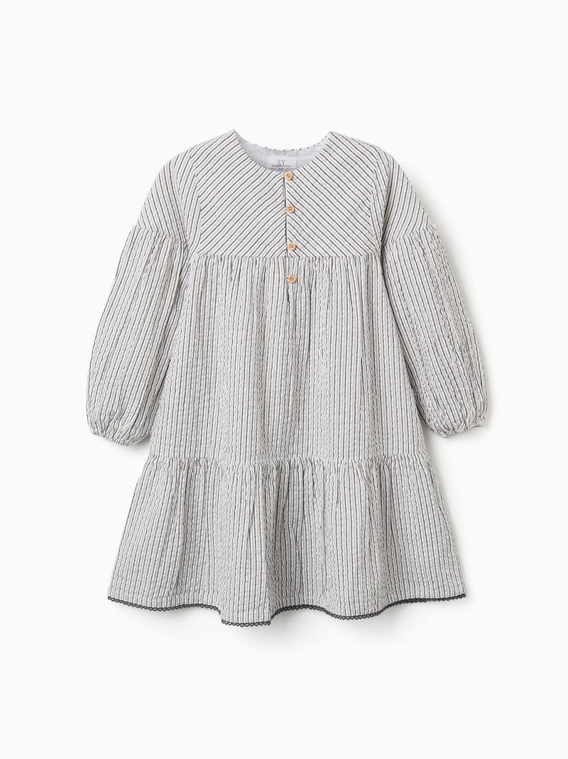 Robe en coton rayé à manches bouffantes B&S Blanc - Kiabi