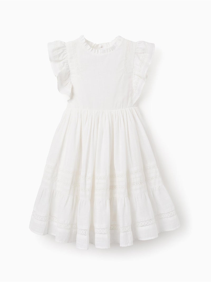 Robe en Coton Slub avec Détails en Dentelle 'Cérémonie' Blanc - Kiabi