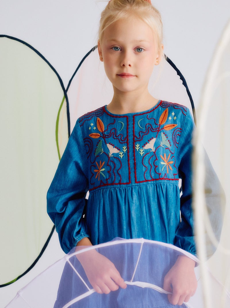 Robe en Denim De Coton Brodé Bleu - Kiabi