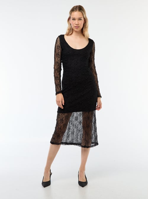 Robe en dentelle unie à manches longues - Kiabi