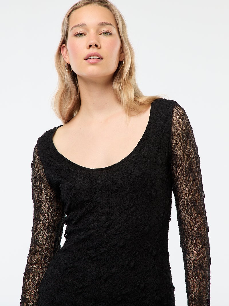 Robe en dentelle unie à manches longues Noir - Kiabi