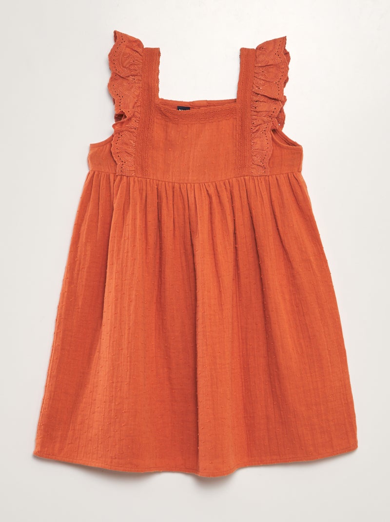 Robe en double gaze de coton + broderie orange - Kiabi