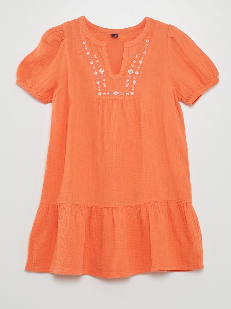 Robe en gaze de coton à manches ballons Orange - Kiabi