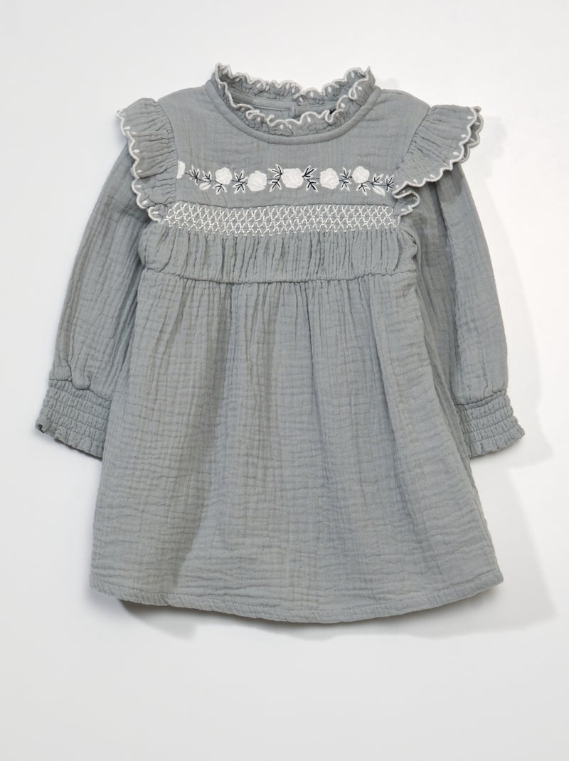 Robe en gaze de coton à manches longues Bleu - Kiabi