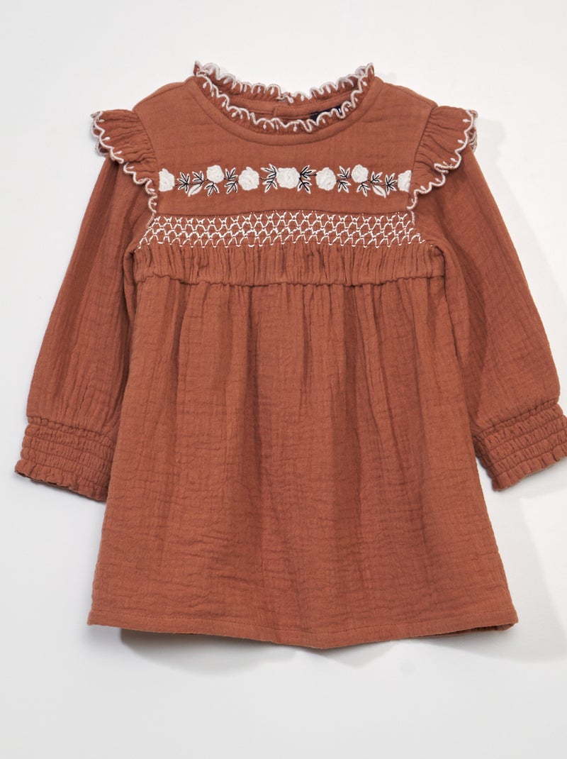 Robe en gaze de coton à manches longues Ocre - Kiabi