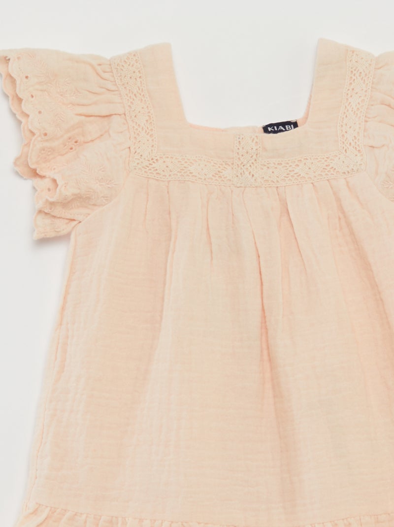 Robe en gaze de coton avec borderies anglaises BEIGE - Kiabi