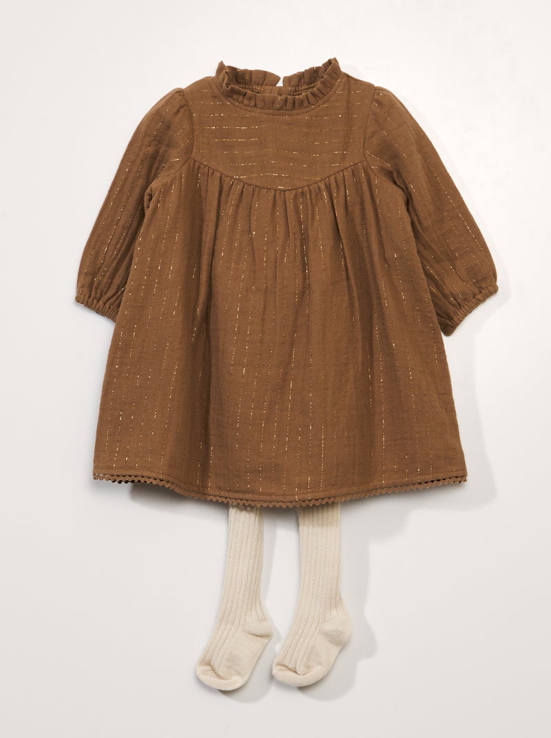 Robe en gaze de coton + collants - 2 pièces Marron - Kiabi